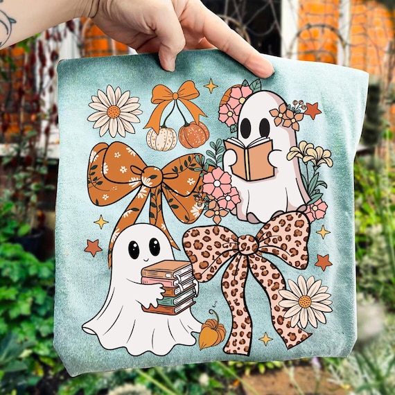 Ghost Books Halloween PNG, Floral Fall Halloween Ghost Png, Boho Pumpkin Coquette Png, Teacher Ghost Reading Books, Leopard Pumpkin Bow Png