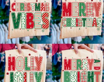 Trendy Christmas PNG Bundle, Preppy Christmas PNG, Retro Distressed Holiday Shirt Design Merry & Bright, Christmas Vibes Print Sublimation