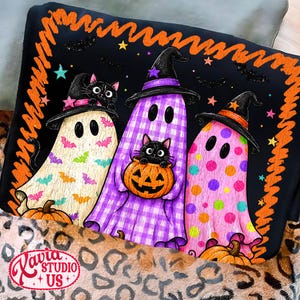 Fantasma y gato de Halloween estilo preppy PNG, fantasma leopardo colorido PNG, diseño de camiseta con purpurina, fantasma femenino preppy viral PNG, imágenes prediseñadas de gato negro imagen 7