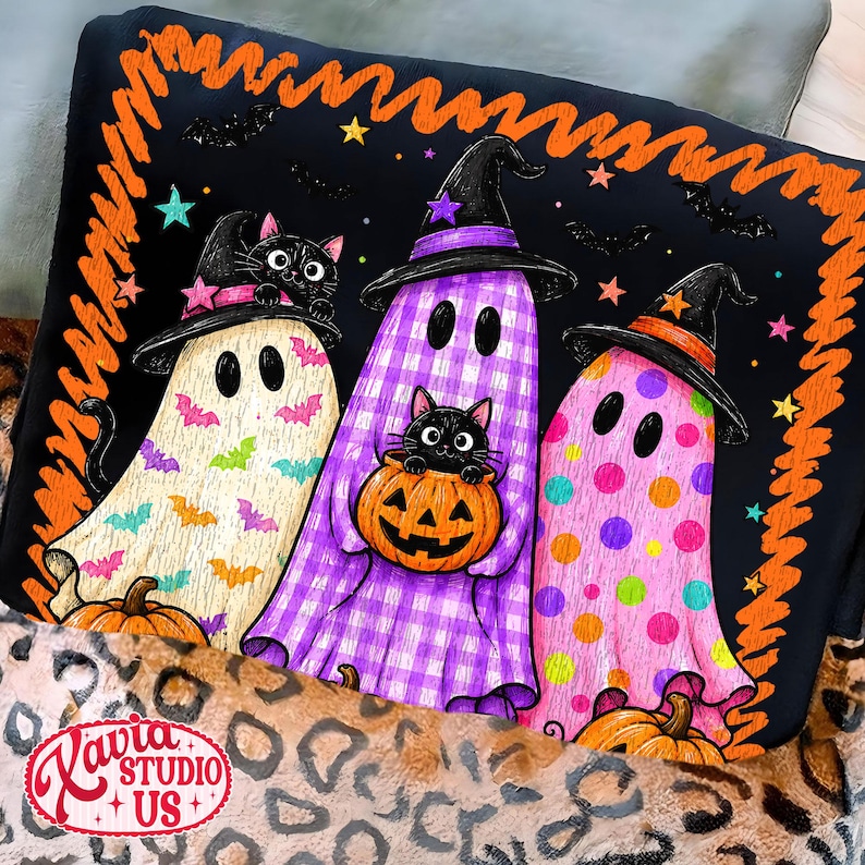 Fantasma y gato de Halloween estilo preppy PNG, fantasma leopardo colorido PNG, diseño de camiseta con purpurina, fantasma femenino preppy viral PNG, imágenes prediseñadas de gato negro imagen 7