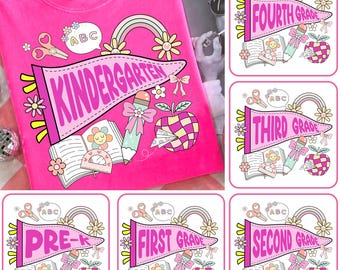 Back to School Grade PNG Bundle, Preschool Teacher Clipart, Coquette Bow & Pennant Flag Design, Pre-k 1st/2nd/3rd Grade, School Bundle PNG