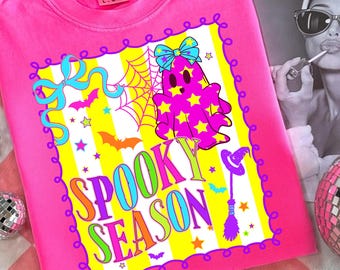 Neon Halloween Spooky Season Png, Coquette Ghost Png, Girly Halloween Pumpkin Png, Preppy Halloween Shirt Design, Checker Ghost Sublimation