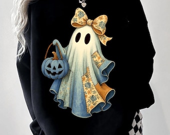 Retro Halloween Blue Denim Ghost Png, Trendy Patchwork Spooky Ghost Png, Cute Boo Ghost Coquette Png, Fall Pumpkin Png, Spooky Season Png
