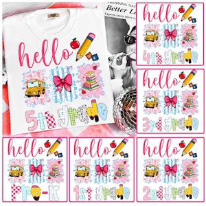 Preppy Back to School PNG Bundle, Hello Kindergarten Pre-K 1st 2d 3d 4th 5th Grades Png, Coquette First day Hand Drawn Teacher Girl