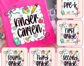 Pacchetto Ritorno a Scuola PNG, Design per Maglietta Primo Giorno di Scuola per Insegnanti Preppy, Sublimazione Girly Coquette, Fiocco Rosa per Bambini in Età Prescolare 1a/2a/3a/4a Elementare