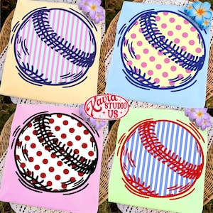 May include: Four t-shirts with baseball designs. Each shirt features a baseball graphic with different patterns: pink and blue stripes, yellow polka dots, red polka dots, and blue stripes. The baseballs are outlined in black or red.