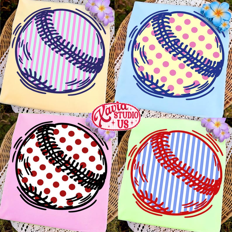 May include: Four t-shirts with baseball designs. Each shirt features a baseball graphic with different patterns: pink and blue stripes, yellow polka dots, red polka dots, and blue stripes. The baseballs are outlined in black or red.