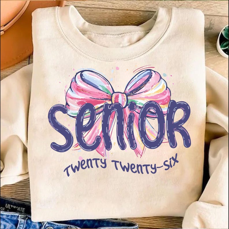 May include: Cream-colored sweatshirt with a colorful bow graphic and the word "SENIOR" in dark blue. Below the word "SENIOR" is the text "TWENTY TWENTY-SIX" in a matching dark blue color. The bow features pink, blue, and yellow stripes.