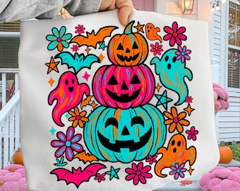 Preppy Neon Halloween Pumpkin Ghost PNG, Coquette Halloween Bow png, Fall Bat Ghost PNG, Girly Spooky Pumpkin Sublimation, Cute Halloween