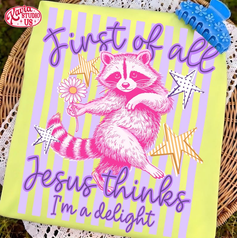 First of All Jesus Thinks I'm A Delight PNG, Christian Humor T-shirt PNG, Preppy Striped Summer, Funny Feral Raccoon Digital Design