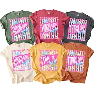 May include: Six short-sleeve crew neck t-shirts in olive green, red, charcoal gray, cream, mustard yellow, and terracotta. Each shirt features a graphic print of a pink pennant flag with a blue bow, stars, and text: Second Grade, Kindergarten, First Grade, Fourth Grade, Pre-K, and Third Grade.
