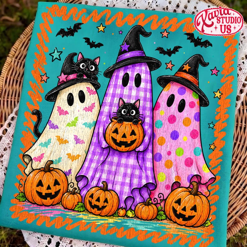Fantasma y gato de Halloween estilo preppy PNG, fantasma leopardo colorido PNG, diseño de camiseta con purpurina, fantasma femenino preppy viral PNG, imágenes prediseñadas de gato negro imagen 4