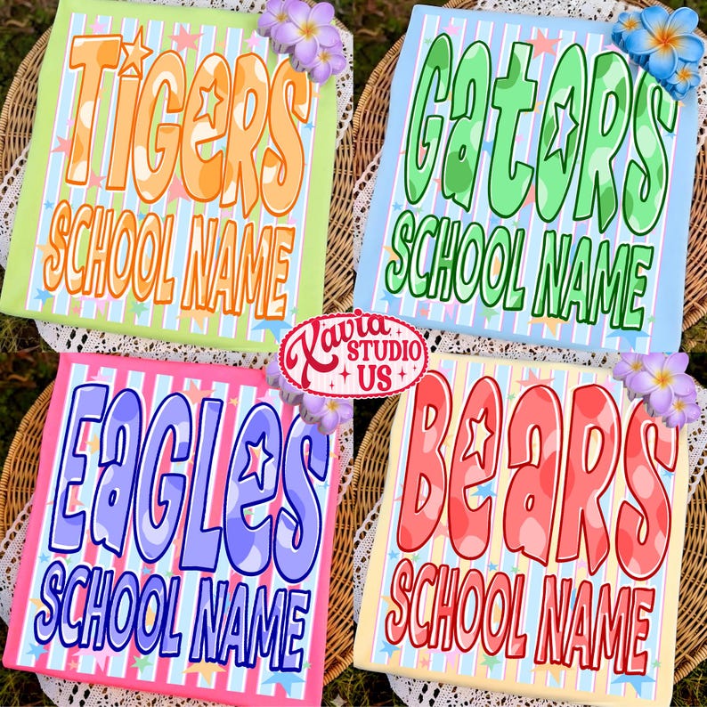 May include: Four colorful school spirit signs with the words "Tigers", "Gators", "Eagles", and "Bears" in large, bubble letters. Each sign has a different color scheme and includes the text "SCHOOL NAME". Decorative flowers adorn the corners.