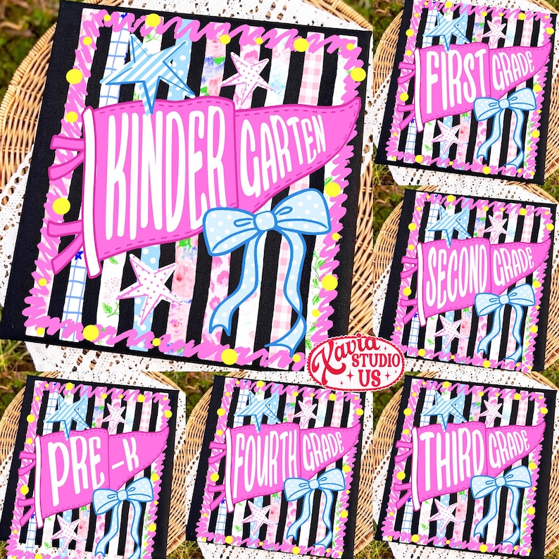 May include: A collection of rectangular signs featuring a black and white striped background with a pink pennant flag. The flags display text including Kindergarten, First Grade, Second Grade, Third Grade, Fourth Grade, and Pre-K, accented with blue bows and stars.