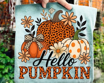 Hello Pumpkin Png, Boho Floral Fall Leopard Pumpkin Png, Boho Pumpkin Coquette Png, Vintage Autumn Shirt Design, Pumpkin Spice Sublimation