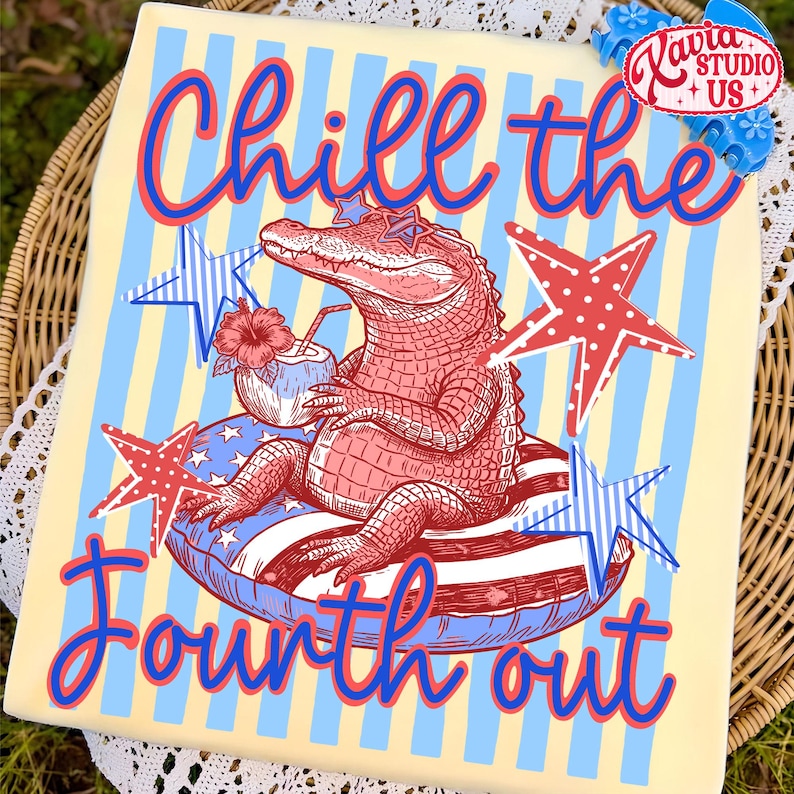 May include: A graphic design featuring an alligator wearing star-shaped sunglasses and relaxing on a patriotic float. The design includes the text "Chill the Fourth out" in red and blue, with star and stripe accents. The background is yellow with blue stripes.