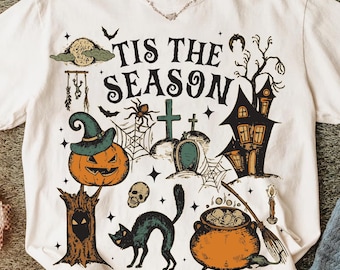 Es la temporada PNG, Calabaza fantasma de Halloween vintage PNG, Coqueta espeluznante de Halloween retro PNG, Vibras de bruja PNG, Diseño de sublimación de Halloween