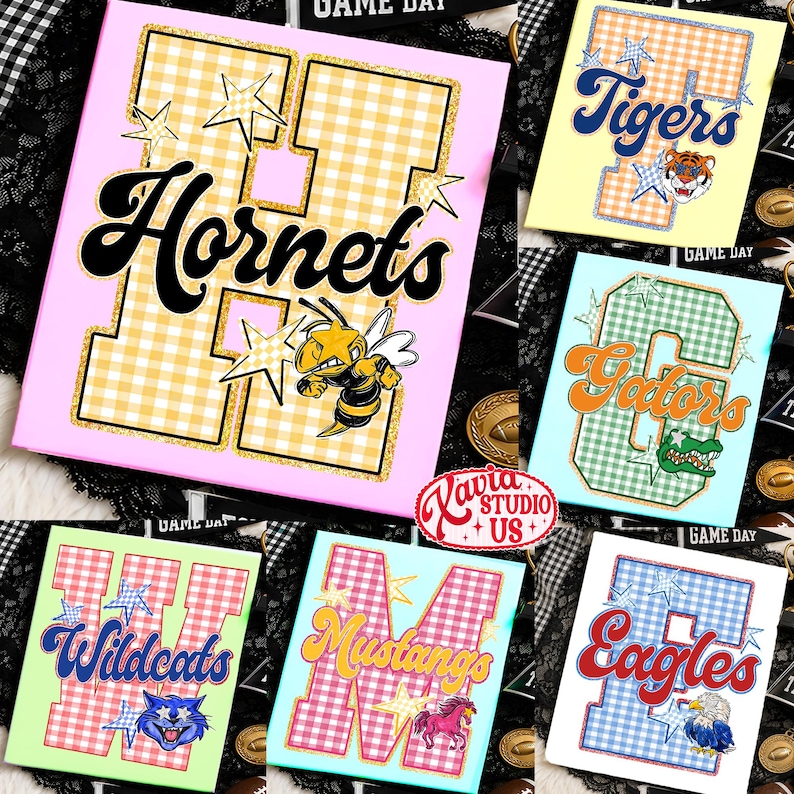May include: A collection of six rectangular signs featuring large varsity-style letters with a gingham pattern, gold glitter outlines, and star accents. Each sign displays a team name in cursive script and a corresponding mascot illustration.