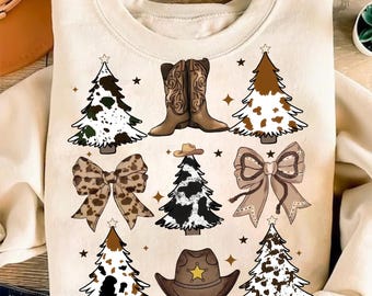 Coquette Western Christmas Tree PNG, Cowgirl Christmas Png, Howdy Christmas Tree Design, Girls Leopard Christmas Coquette Bow, brushstroke