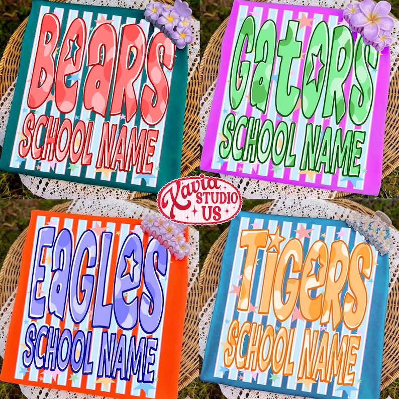 May include: Four colorful school spirit designs with the words "BEARS", "GATORS", "EAGLES", and "TIGERS" in bold, outlined lettering. Each design includes the text "SCHOOL NAME" and star accents. The designs are on a woven background.