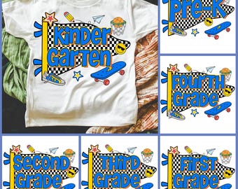 Back to School PNG Bundle, Pre-K to 4th Grade Shirt Designs, Cool Skateboard Lightning Smiley Sublimation, Retro Back to School Boys PNG