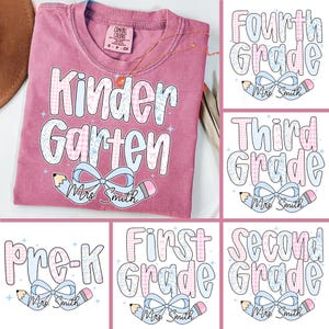 Preppy Back To School PNG Bundle Coquette Pencil bow Grades Kindergarten Pre-K 1st 2d 3d 4th 5th 6th 7th 8th Doodle Hand Drawn Teacher