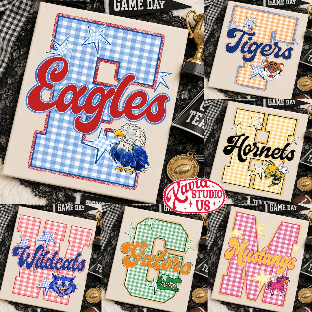 Custom Gingham School Mascot Game Day Retro Design Png, School Team Design, Varsity Letter