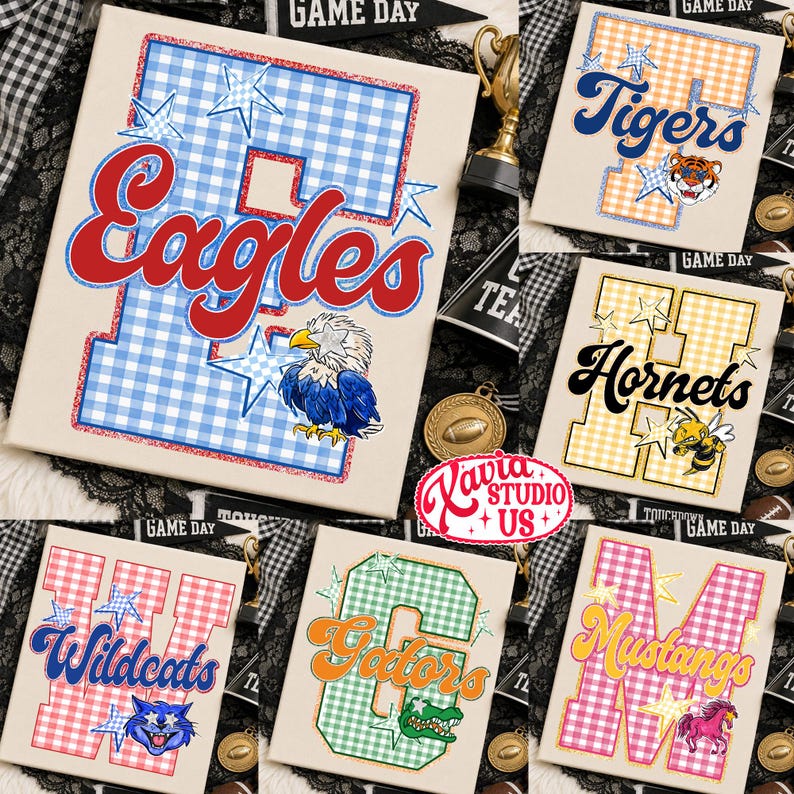 Custom Gingham School Mascot Game Day Retro Design Png, School Team Design, Varsity Letters, Back To School Sublimation, Preppy Whimsy Png