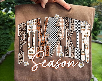 Pumpkin Season PNG, Leopard Checkered Fall Sublimation Design, Autumn Retro Letter PNG, Trendy Thanksgiving Shirt Download