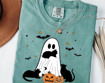 Halloween zwarte kat en spook png, schattig spook png, spookachtige spookkatten png, angstaanjagend schattige katten png, unieke kattensublimatie, pompoen png