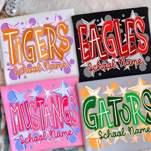 May include: Four square, colorful designs with team names: Tigers, Eagles, Mustangs, and Gators. Each design features the team name in bold, outlined letters, with the words "School Name" below. Star and dot patterns surround the text.