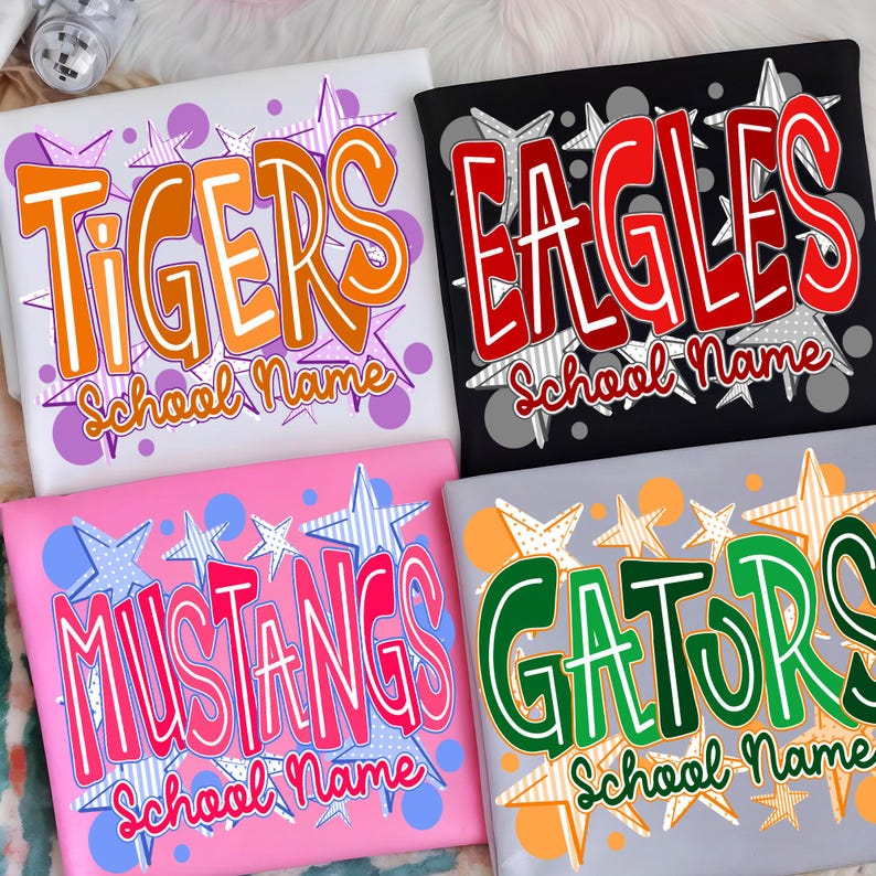 May include: Four square, colorful designs with team names: Tigers, Eagles, Mustangs, and Gators. Each design features the team name in bold, outlined letters, with the words "School Name" below. Star and dot patterns surround the text.