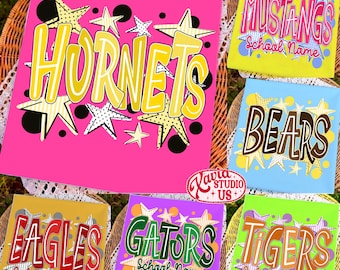 Custom Mascot Neon Striped PNG, School Spirit Design, Neon Test Day PNG, Floral Varsity Letters, Back To School Sublimation, Test Day