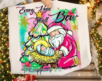 Nativity Scene PNG Watercolor Glitter, Baby Jesus Png, Every Knee Shall Bow Christmas Png, Religious Christian Png, Kneeling Santa Holiday
