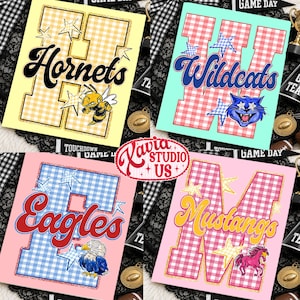 May include: Four rectangular graphic prints featuring large varsity letters with gingham patterns. The prints display the text Hornets, Wildcats, Eagles, and Mustangs, accompanied by illustrations of a hornet, a cat, an eagle, and a horse.