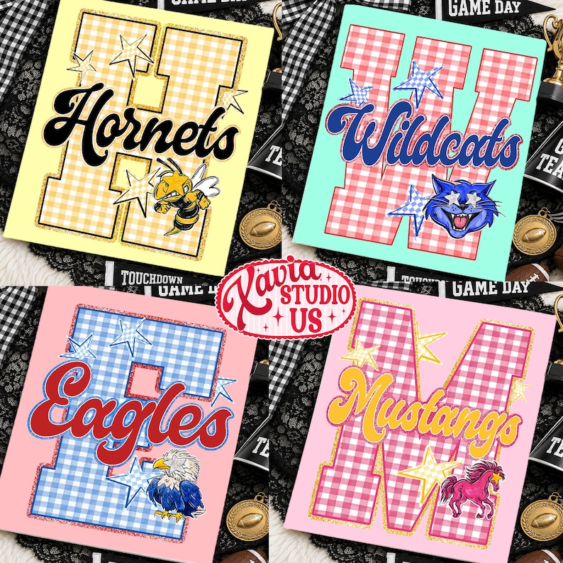 May include: Four rectangular graphic prints featuring large varsity letters with gingham patterns. The prints display the text Hornets, Wildcats, Eagles, and Mustangs, accompanied by illustrations of a hornet, a cat, an eagle, and a horse.