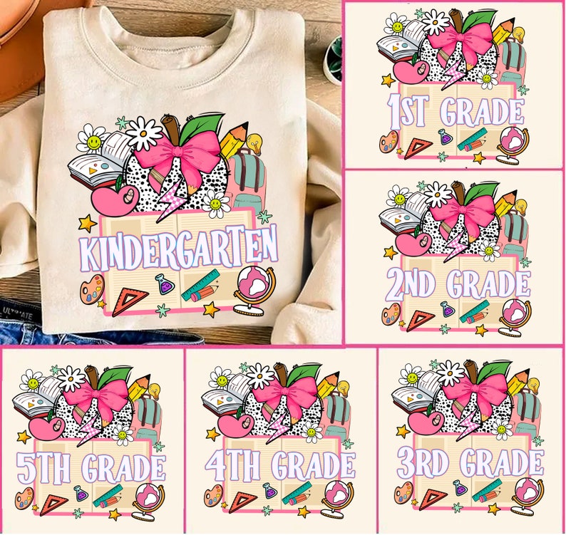 May include: A set of six iron-on transfers featuring a pink bow, a book, and school supplies. The transfers are designed for t-shirts and feature the text "Kindergarten", "1st Grade", "2nd Grade", "3rd Grade", "4th Grade", and "5th Grade".