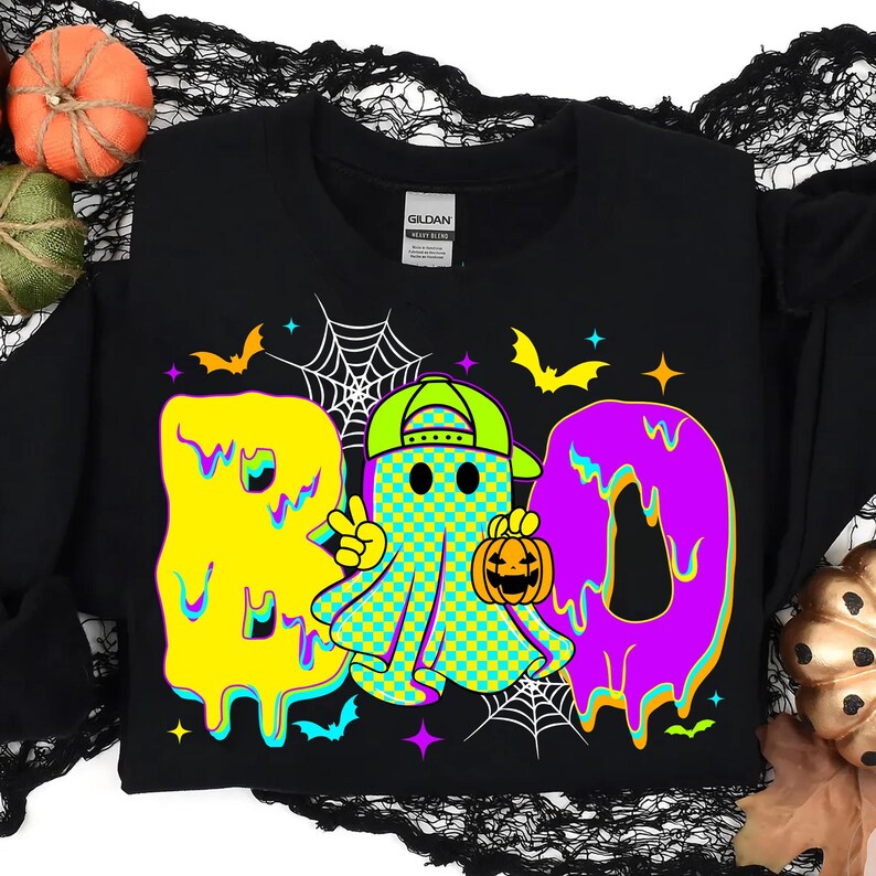 Neon Halloween Ghost PNG, Boy Boo Ghost Halloween,Retro Ball Cap Kid,Halloween PNG,Checkered Ghost PNG,Spooky Season PNG,Boo Ghost Shirt PNG
