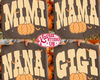 Retro Fall Mama Nana Gigi Mimi Png Bundle, Orange Gingham Shirt Design, Pumpkin Season Png, Retro Family Shirt Design Digital Download