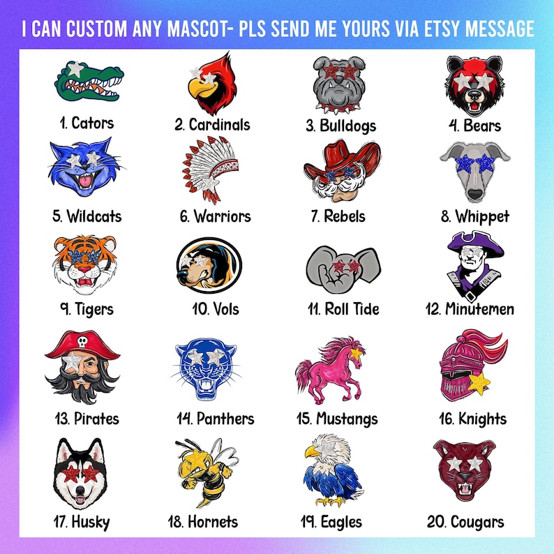 May include: A grid of 20 colorful mascot illustrations, each featuring a character with star-shaped eyes. Text at the top reads: I CAN CUSTOM ANY MASCOT- PLS SEND ME YOURS VIA ETSY MESSAGE. The numbered icons include animals, warriors, and knights.