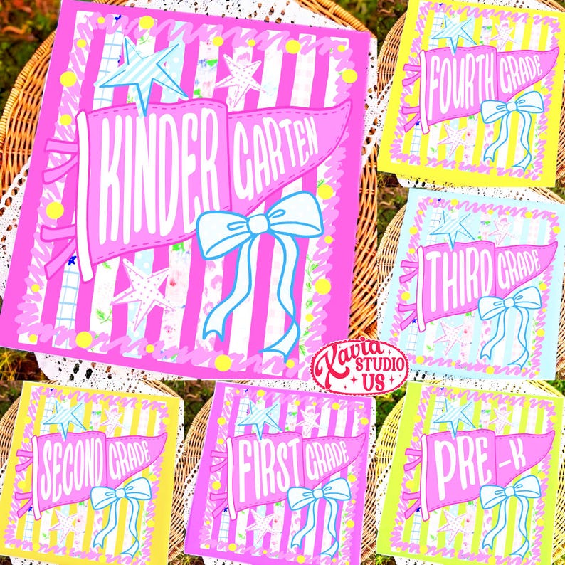 May include: A collection of rectangular graphic prints featuring pink pennants with white text for various school grades, including Kindergarten, Pre-K, and First through Fourth Grade. Each design includes a light blue bow and star accents.