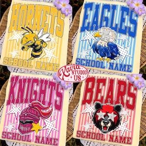 May include: Four t-shirts featuring school mascot graphics: a yellow hornet, a blue eagle, a pink knight helmet, and a red bear face. Each shirt displays the mascot name in large varsity letters, the text SCHOOL NAME, and white star patterns.