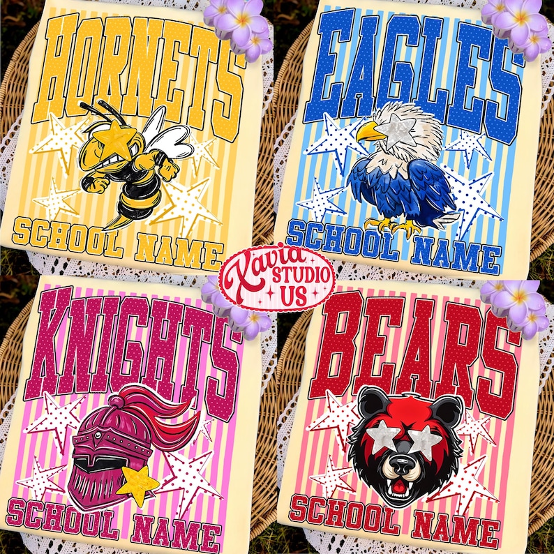 May include: Four t-shirts featuring school mascot graphics: a yellow hornet, a blue eagle, a pink knight helmet, and a red bear face. Each shirt displays the mascot name in large varsity letters, the text SCHOOL NAME, and white star patterns.
