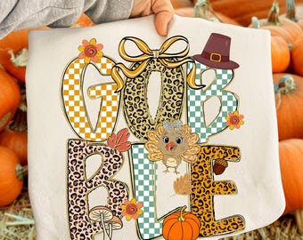 Thanksgiving Gobble Coquette PNG, Turkey PNG, Thanksgiving Sublimation Png, Girly Autumn Png, Checkered Fall Png, Preppy Thanksgiving Png