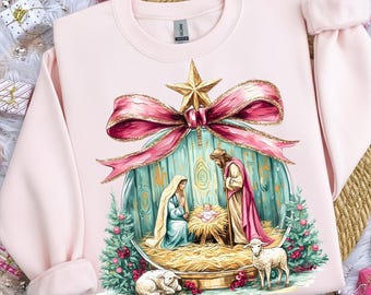 Preppy Painted Christian Nativity Scene PNG Glitter Faith Christmas Sublimation Design Greatest Gift of all PNG Nativity Coquette Png