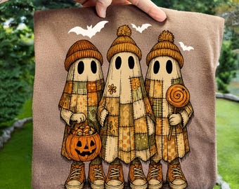 Patchwork Ghosts PNG, Cozy Spooky Fall Shirt Design, Retro Halloween Ghost PNG,Autumn png,Fall Girly png,Halloween png,Pumpkin PNG,Ghost png