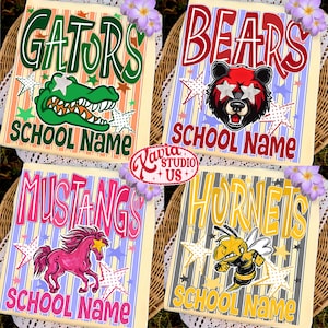 May include: Four rectangular fabric panels featuring school mascot designs. Top left: green alligator, 'GATORS' text, orange stripes. Top right: bear, 'BEARS' text, blue stripes. Bottom left: pink horse, 'MUSTANGS' text, purple stripes. Bottom right: hornet, 'HORNETS' text, grey stripes.