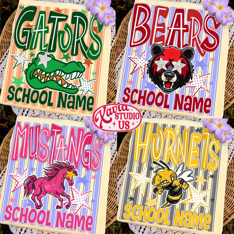 May include: Four rectangular fabric panels featuring school mascot designs. Top left: green alligator, 'GATORS' text, orange stripes. Top right: bear, 'BEARS' text, blue stripes. Bottom left: pink horse, 'MUSTANGS' text, purple stripes. Bottom right: hornet, 'HORNETS' text, grey stripes.