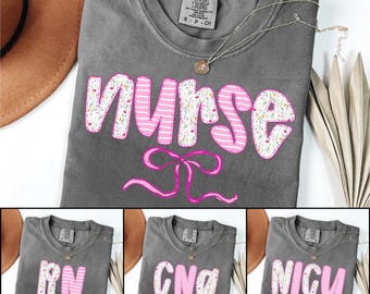 Preppy Nurse Blue Floral Stripe PNG Bundle, Boho CNA NICu RN Sublimation Design, Girly Coquette Bow Trendy Nurse Life Shirt Clipart