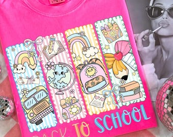 Preppy Back to School Floral Girly Png, Zaino scolastico, Libro con fiocco e matita Png, Ritorno a scuola Png, Civettuola Primo giorno disegnata a mano, Insegnante Png